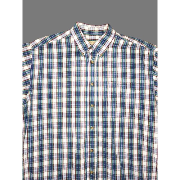 Woolrich Mens Large Blue Plaid Seersucker Cotton Button Down Shirt Short Sleeve - Picture 2 of 5